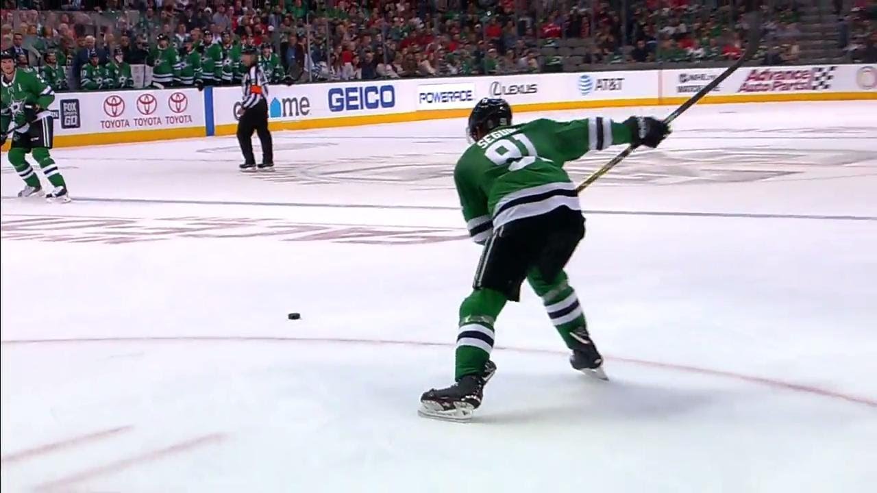 Seguin snipes fluttering puck just under crossbar