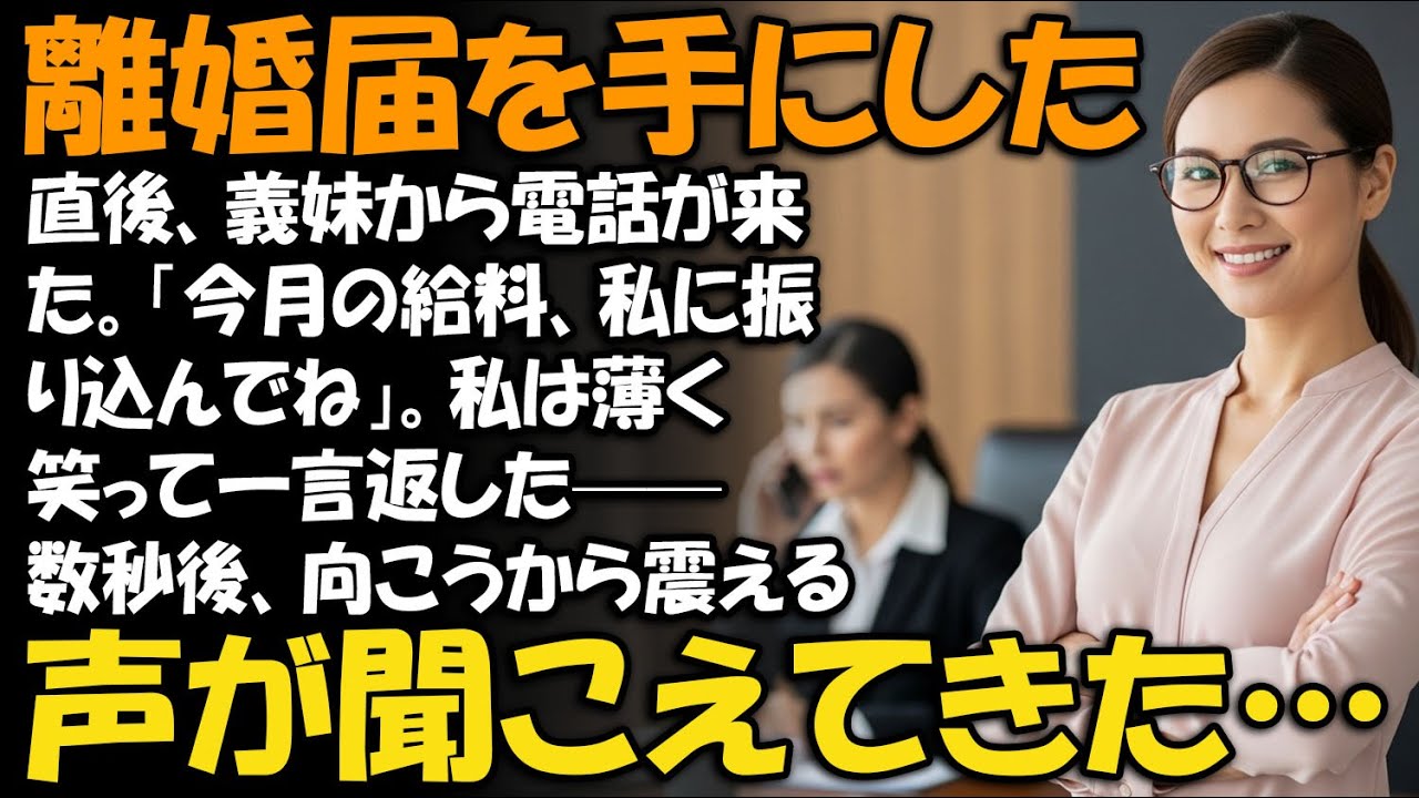 離婚届を手にした直後、義妹から電話が来た。「今月の給料、私に振り込んでね」。私は薄く笑って一言返した——数秒後、向こうから震える声が聞こえてきた…【家族ドラマ】【静かな復讐】