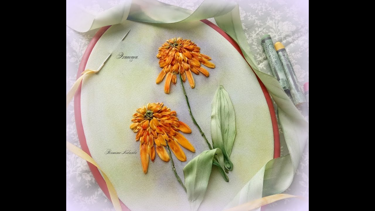 Вышивка лентами. Эхинацея. Embroidery ribbons. Echinacea.