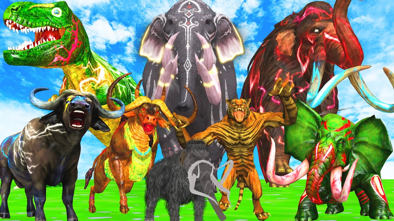 15 Mammoth Elephant Cow Gorilla vs 5 Giant Tiger Wolf Zombie Fight Baby Cow  Saved By Woolly Mammoth