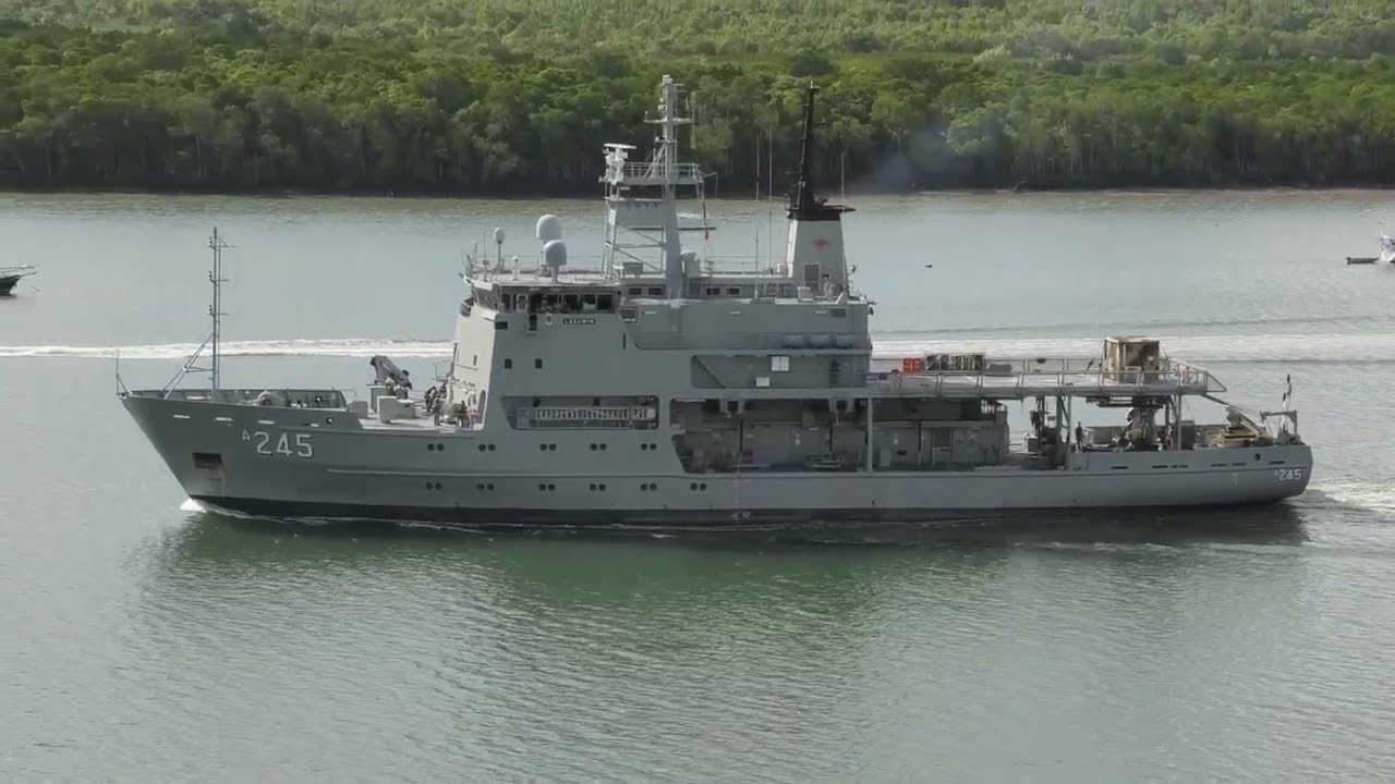 HMAS Leeuwin (A245), Hydrographic Survey Ship, departing Cairns Harbour on 26 Aug 2024.