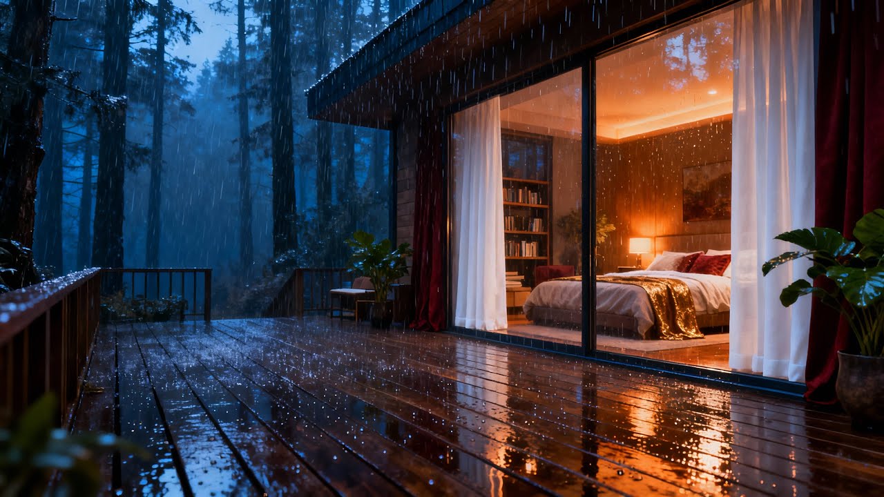 Звуки дождя в лесной хижине ночью 🌧 Тёплый уютный свет и ровный дождь для глубокого сна (3 часа)
