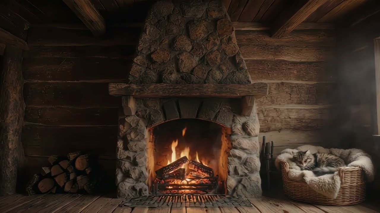 Sleeping Cat by Fireplace 🐱🔥 Cozy Cabin Ambience for Sleep & Relaxation 4K   HD 1080p