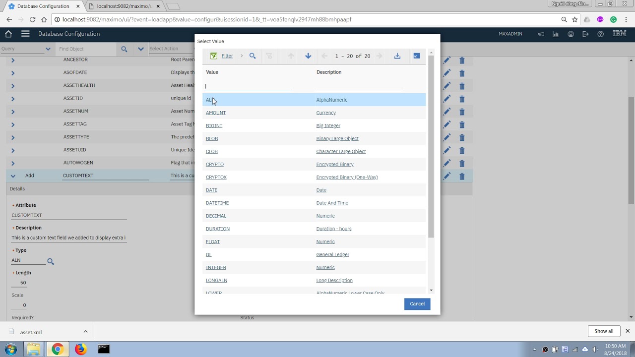 Maximo Configuration Basics - 02 - Add a field to Database and display it on an app screen