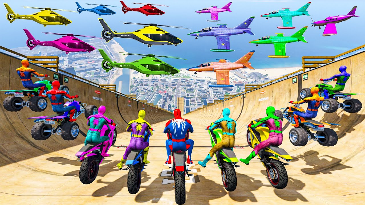 GTA 5 Longest Ramp Challenge Spiderman vs Longest Ramp in    Jumping from Highest Mega Ramp in GTA 5