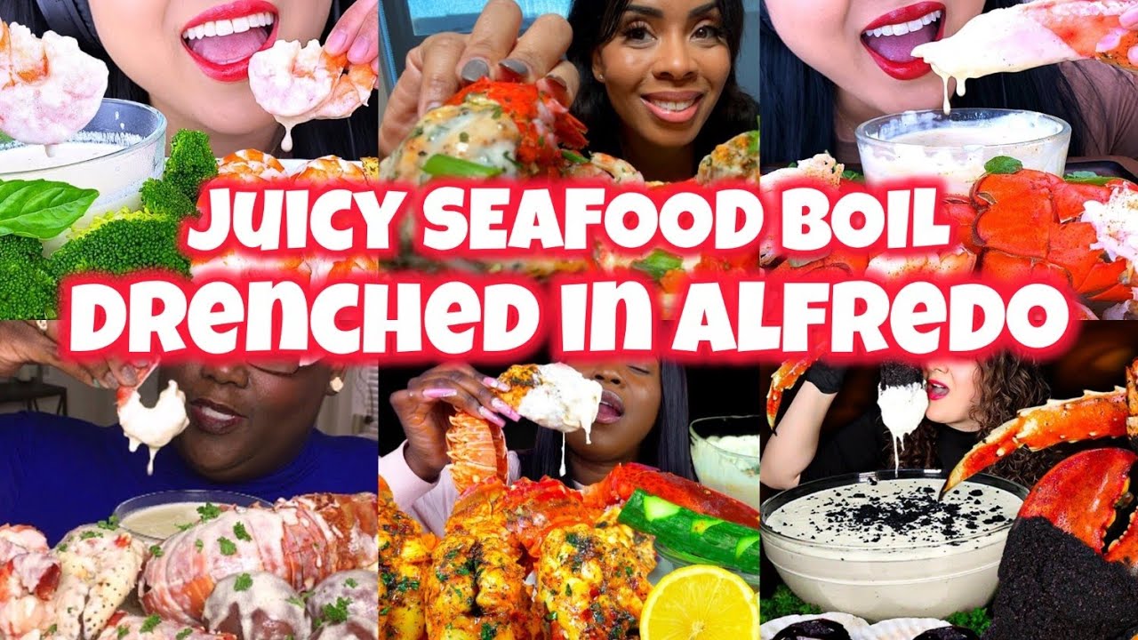 1 HOUR mukbangers eating too much SEAFOOD BOIL drenched in alfredo