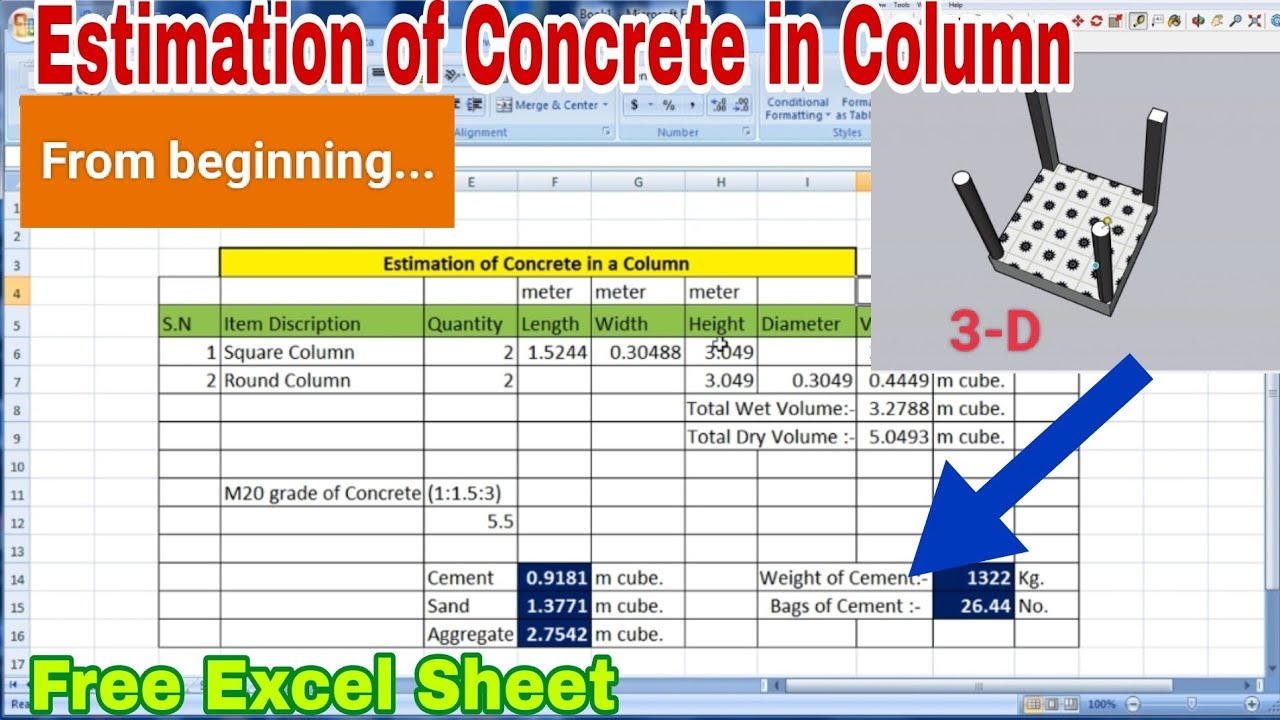 Complete Estimation of Concrete in Column with Excel - Beginner