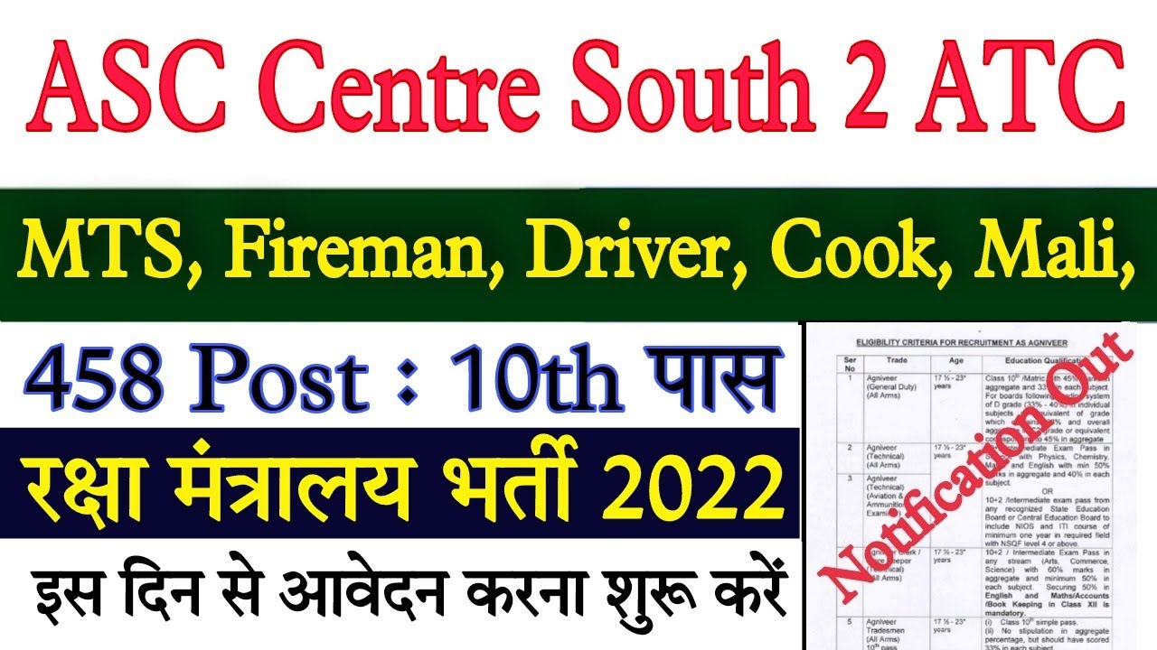ASC Centre South 2 ATC Recruitment 2022 | ASC Centre South 2 ATC Vacancy 2022 | ASC Centre South