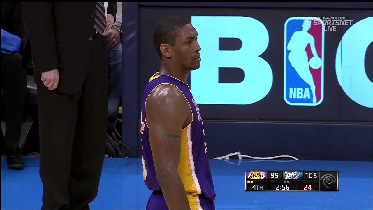12 07 2012   Lakers vs  Thunder   Metta World Peace And Serge Ibaka Get Into It