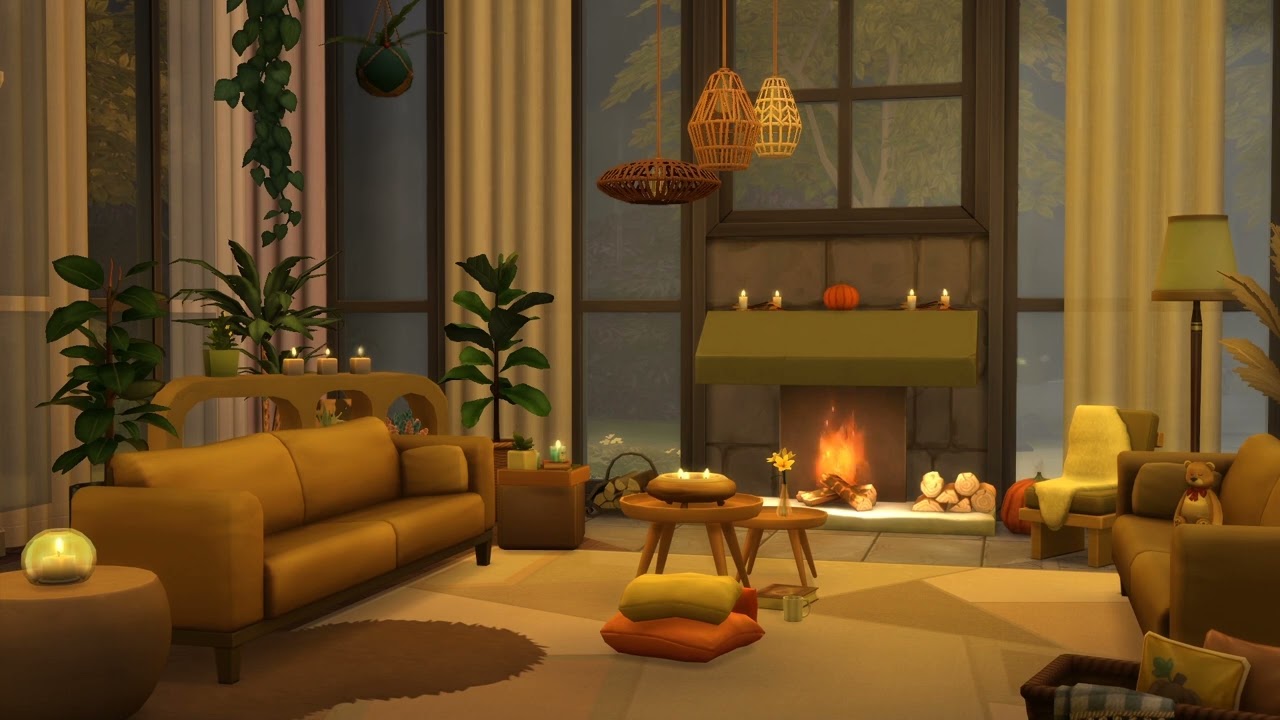 Cozy living room ambience - Fireplace & rain on window - Sims 4 creation