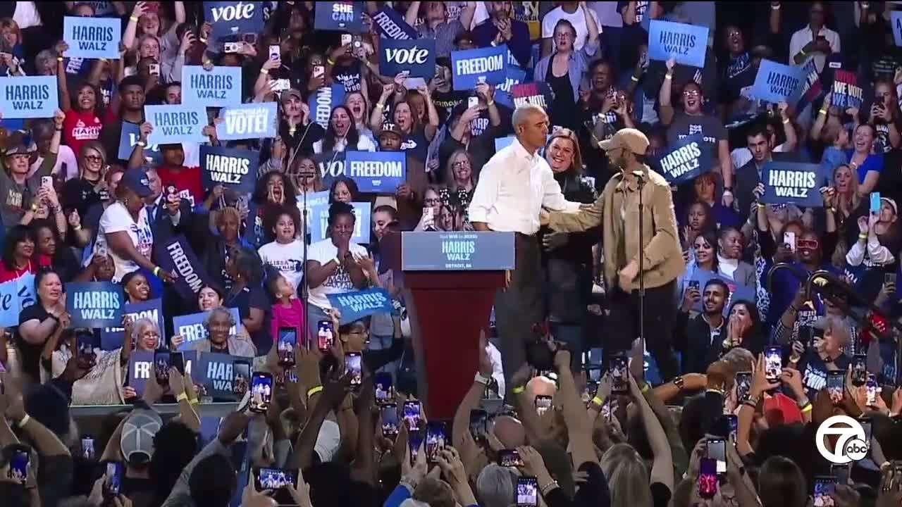 Barack Obama and Eminem rally voters for Kamala Harris in Detroit