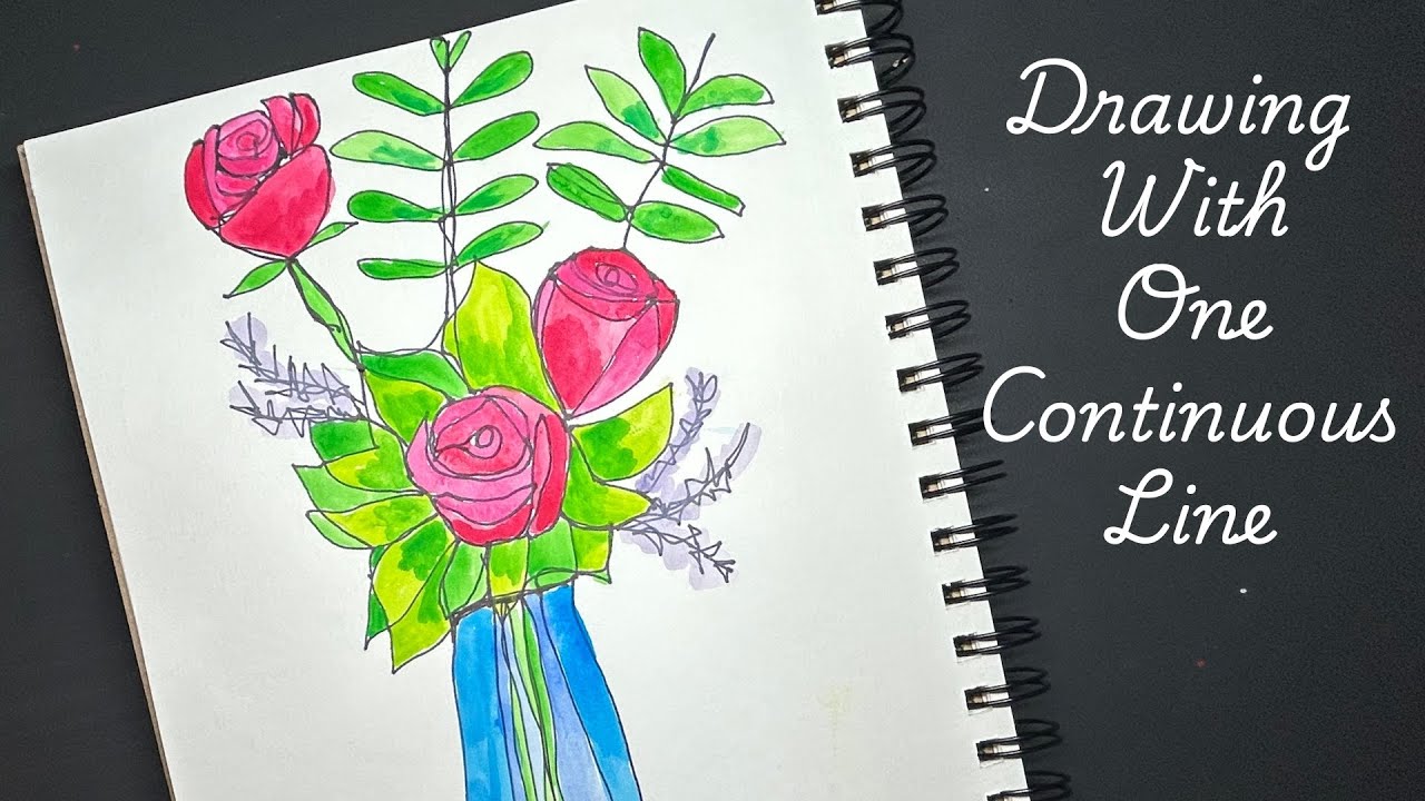 How to Draw a Vase of Flowers with One Continuous Line - Watercolor Painting Flowers in Sketchbook