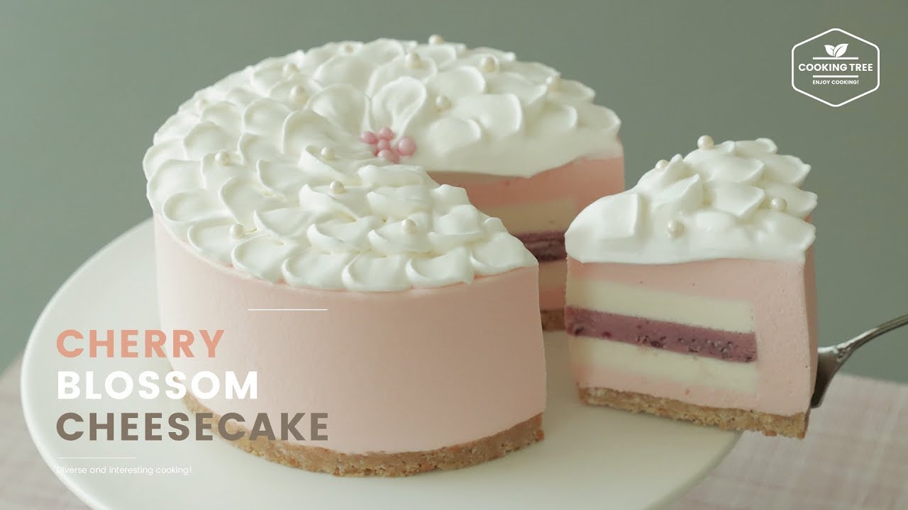 노오븐~🌸 벚꽃 치즈케이크 만들기 : No-Bake Cherry blossom Cheesecake Recipe : さくらレアチーズケーキ  | Cooking tree