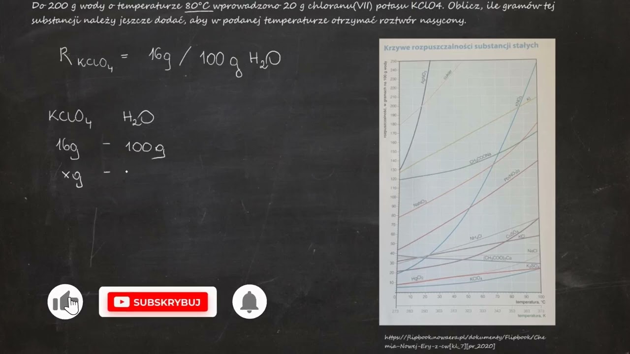 Do 200 g wody o temperaturze 80&deg;C wprowadzono 20 g chloranu(VII) potasu KClO4.