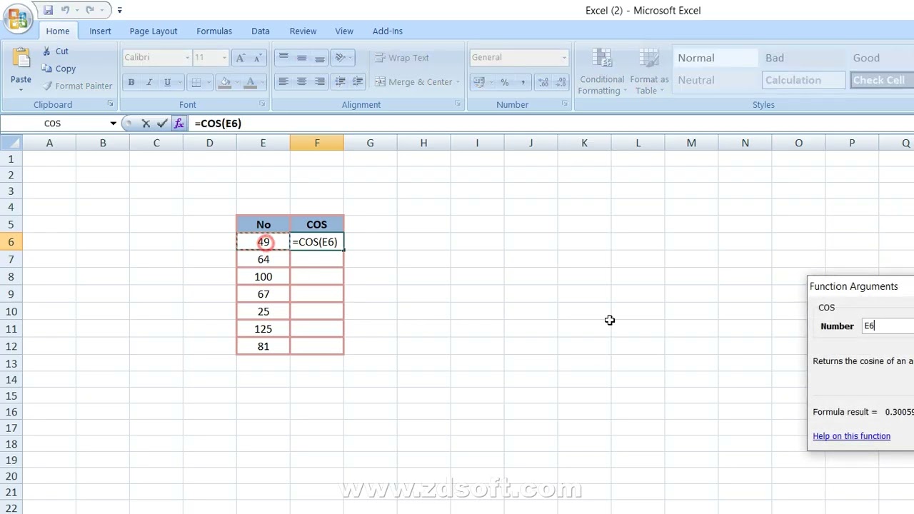 COS On MS Excel