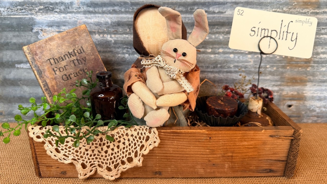 Primitive Wood Box Vignette ~ Fabric Bunny ~ Fabric Covered Faux Book