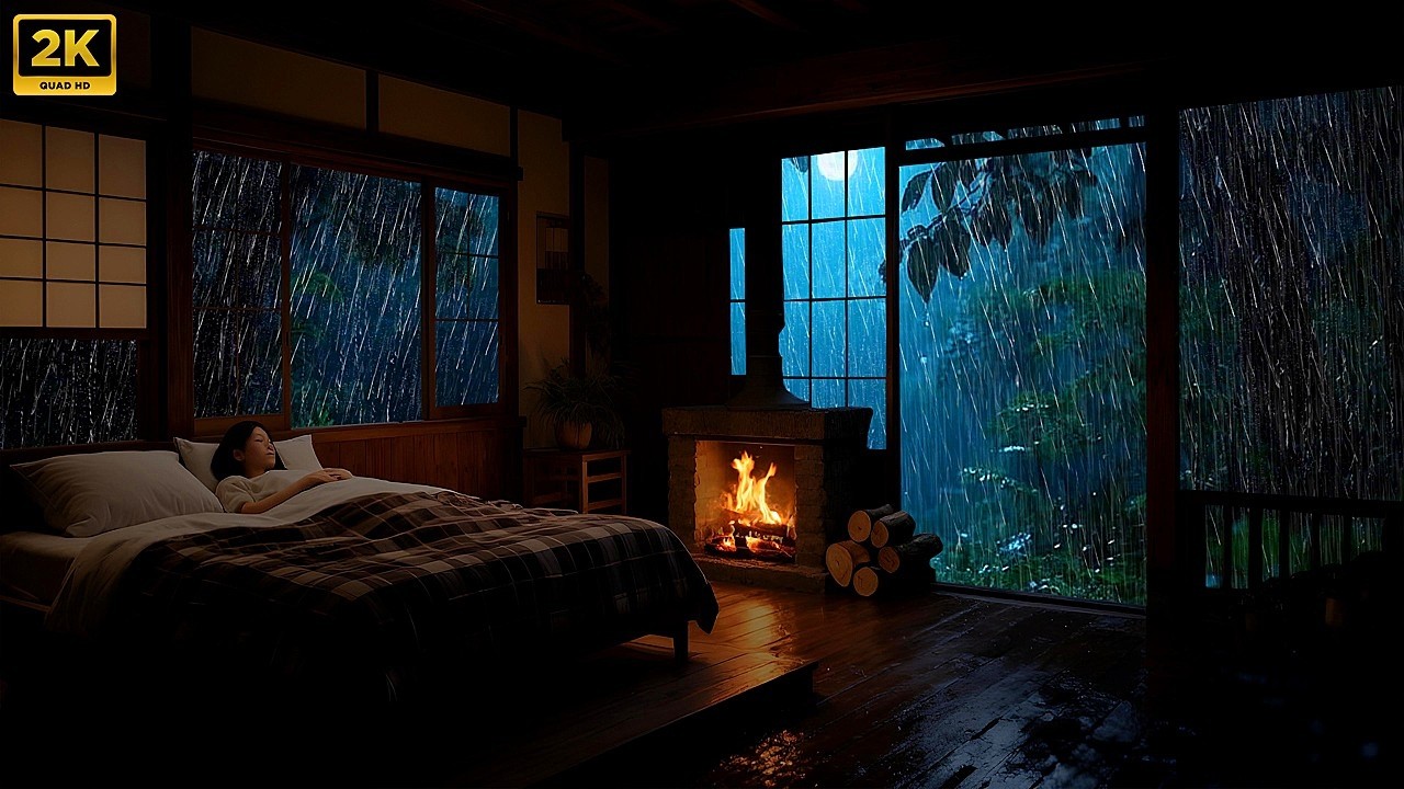 Stormy Rain Night in a Wooden Cabin bedroom | Relaxation, Study & Sleep