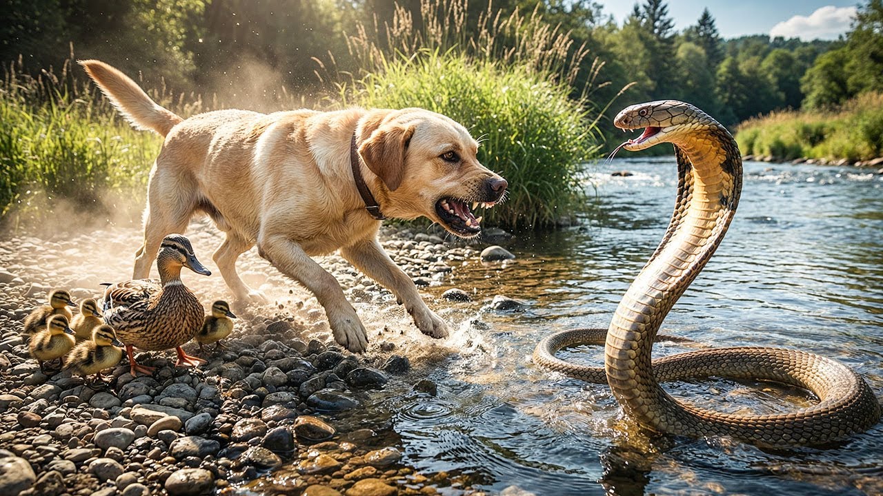 Brave Dog Faces Giant Cobra to Save a Mother Duck