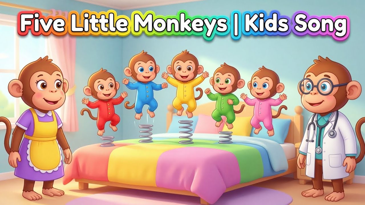Five Little Monkeys Jumping on the Bed Song | 3D Animation Nursery Rhymes for Children