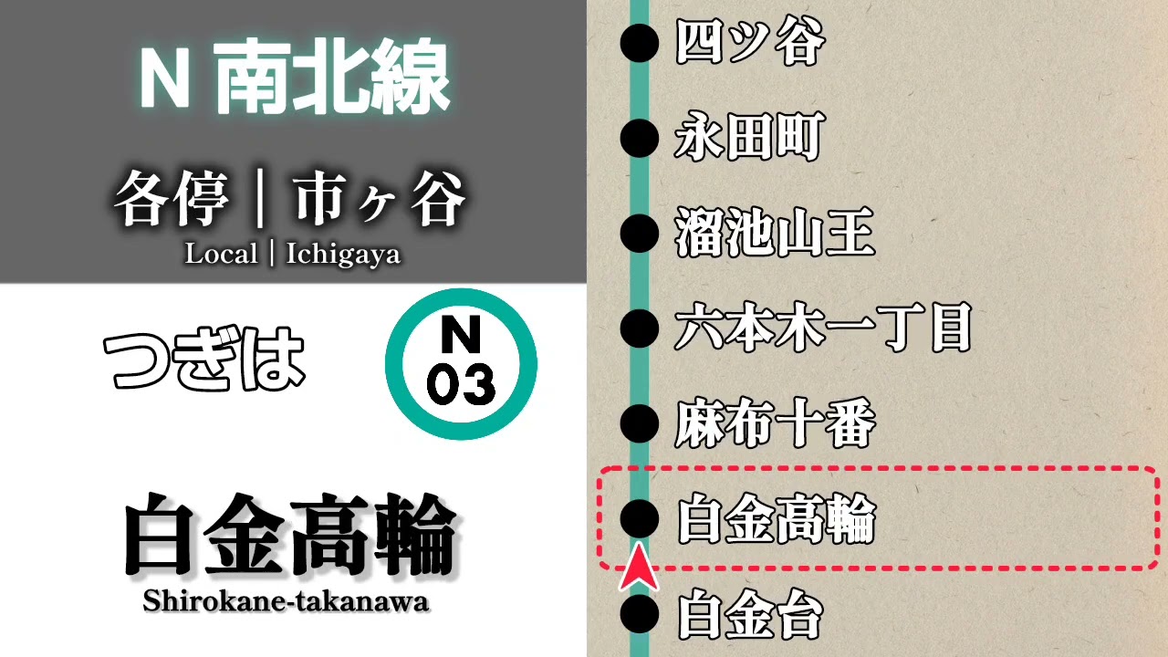 【車内放送】東急目黒線·東京メトロ南北線　各駅停車 市ヶ谷行｜日吉➤市ヶ谷