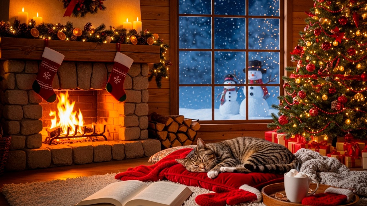 24/7 Winter Cabin Fireplace 🎅 Snowfall Outside & Warm Fire Inside — Relaxing Christmas
