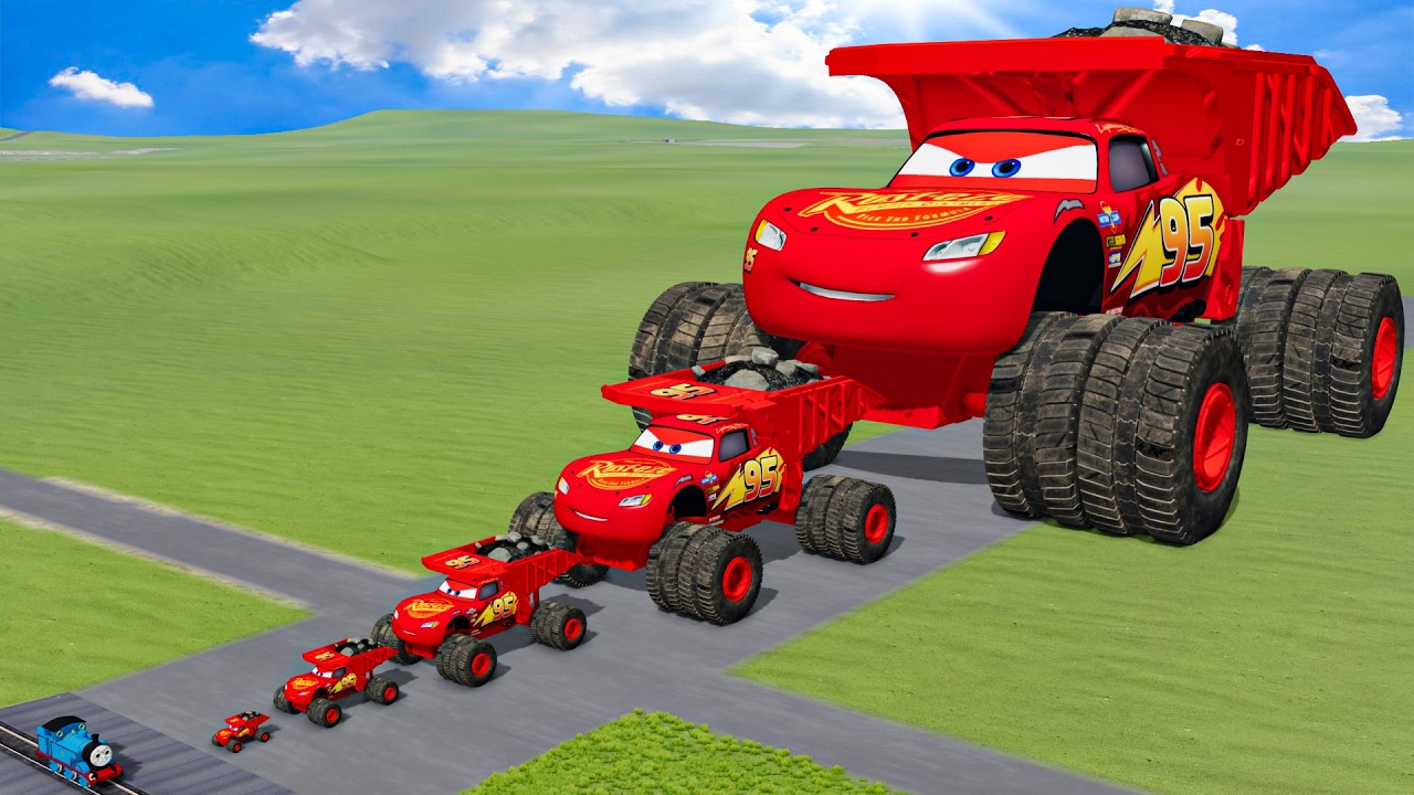 Big & Small Dump Truck Lightning Mcqueen vs Train | BeamNG.Drive