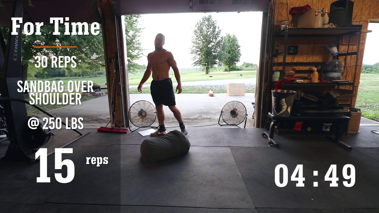 Jacob Heppner Full Crossfit Workout - 30x Sandbag Over Shoulder @ 250#