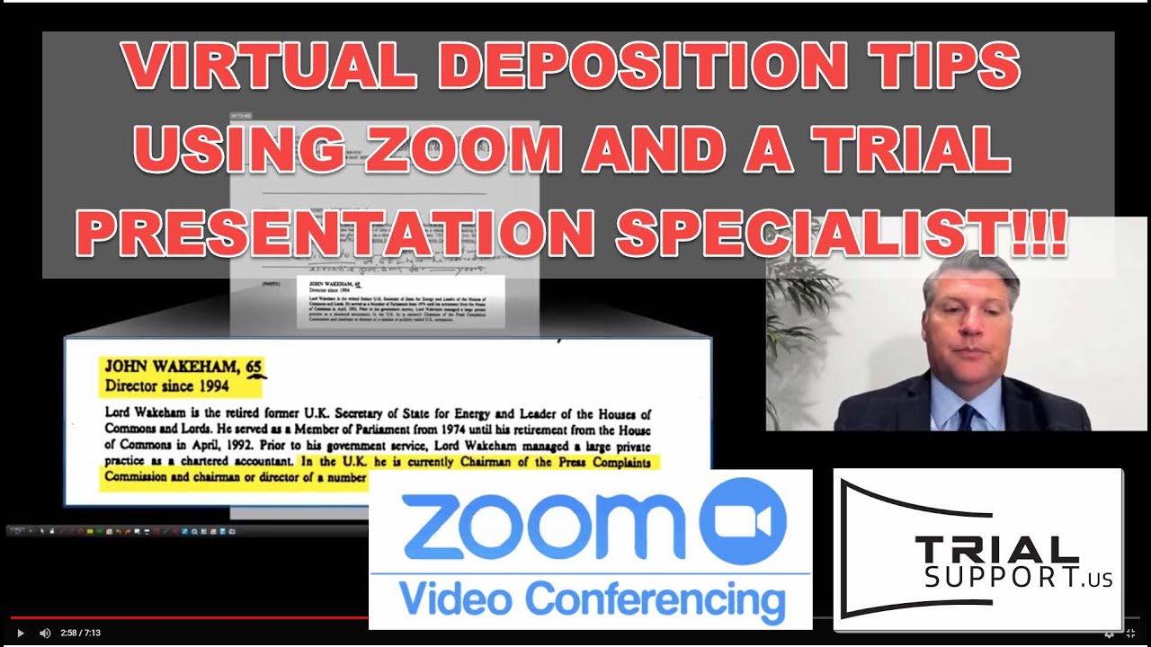 Virtual Mock Deposition using Zoom and an exhibit presentation specialist.