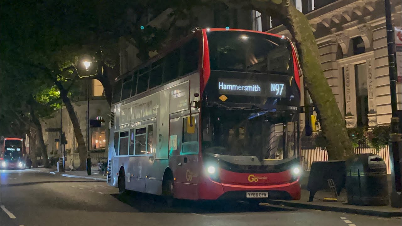 FRV. Go Ahead London Route N97. Trafalgar Square - Hammersmith. Enviro400 MMC Hybrid EH92 (YY66 OYW)