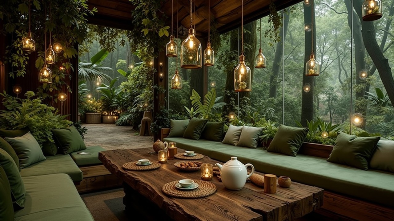 Cozy Forest View Living Room Jazz Ambience | Relaxing Nature Sounds