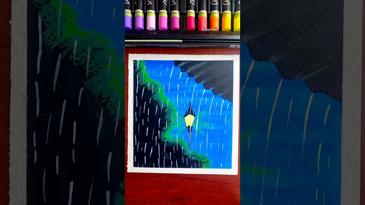 😍✨Rainy  Night street Lamp Drawing with oil pastel 🌧️ | Easy Landscape Art