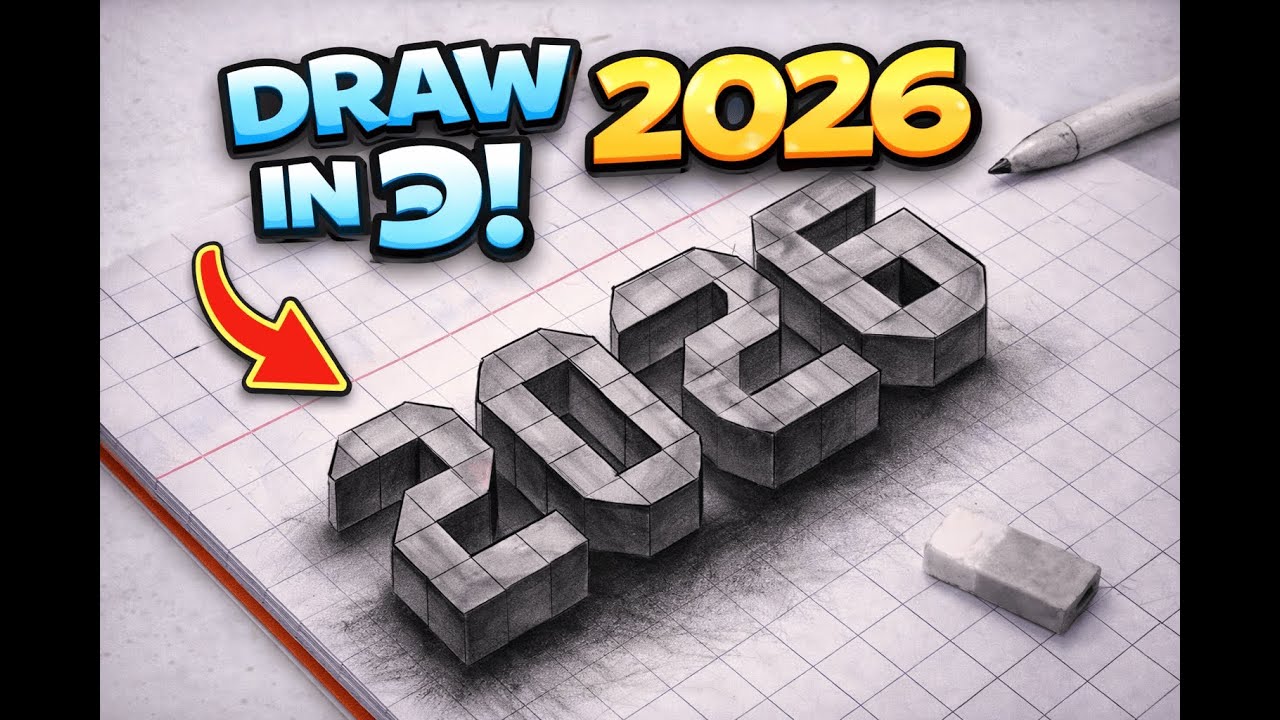 How to Draw 2026 in 3D with Pencil ✏️ | Easy Grid Paper Trick