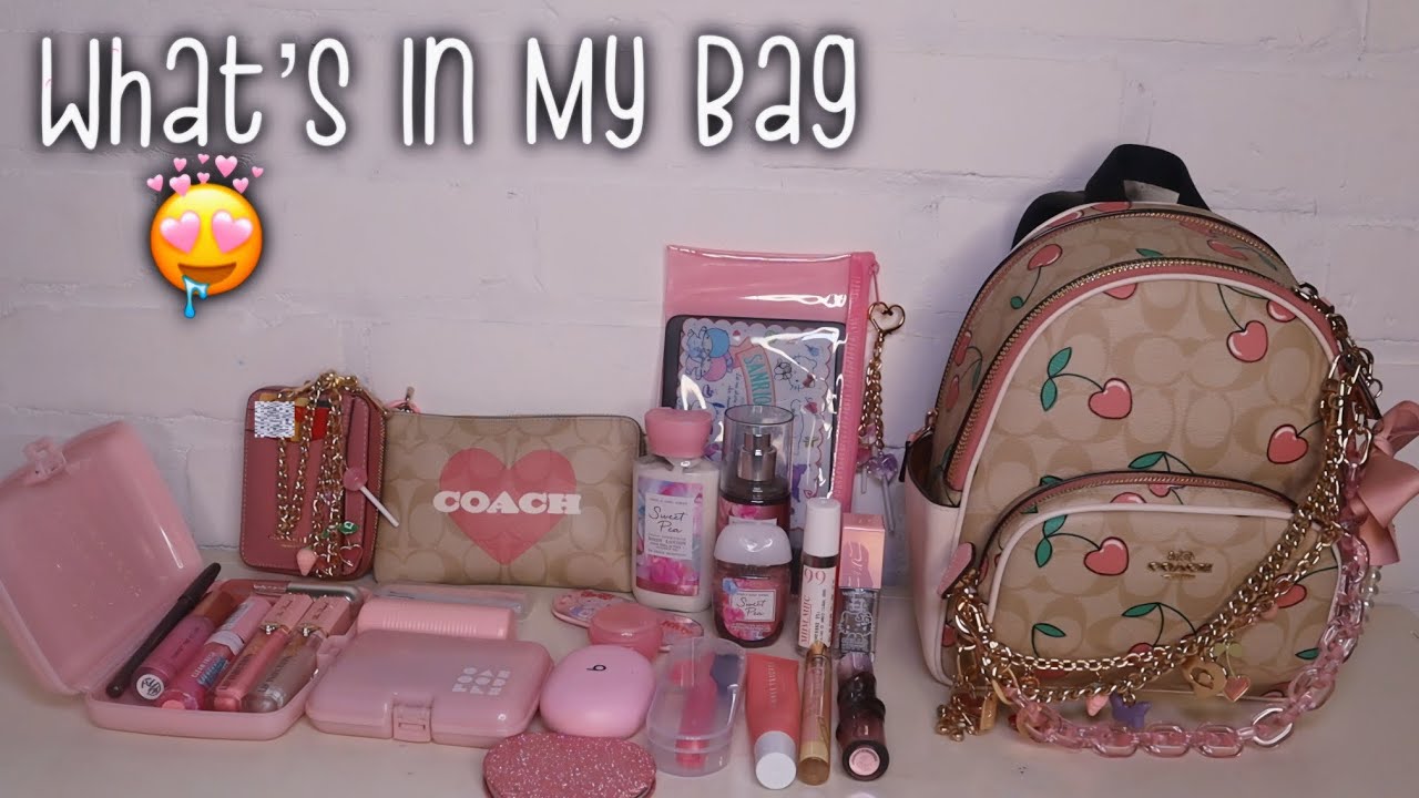🩷 What’s In My Bag - Coach Mini Court Backpack Signature Canvas Heart Cherry Print