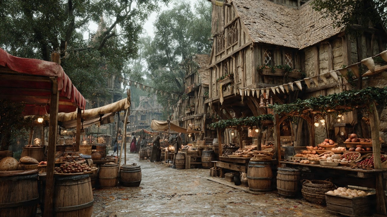 Rainy Medieval Village Market 🌧️ Relaxing Fantasy Tavern & Market Music