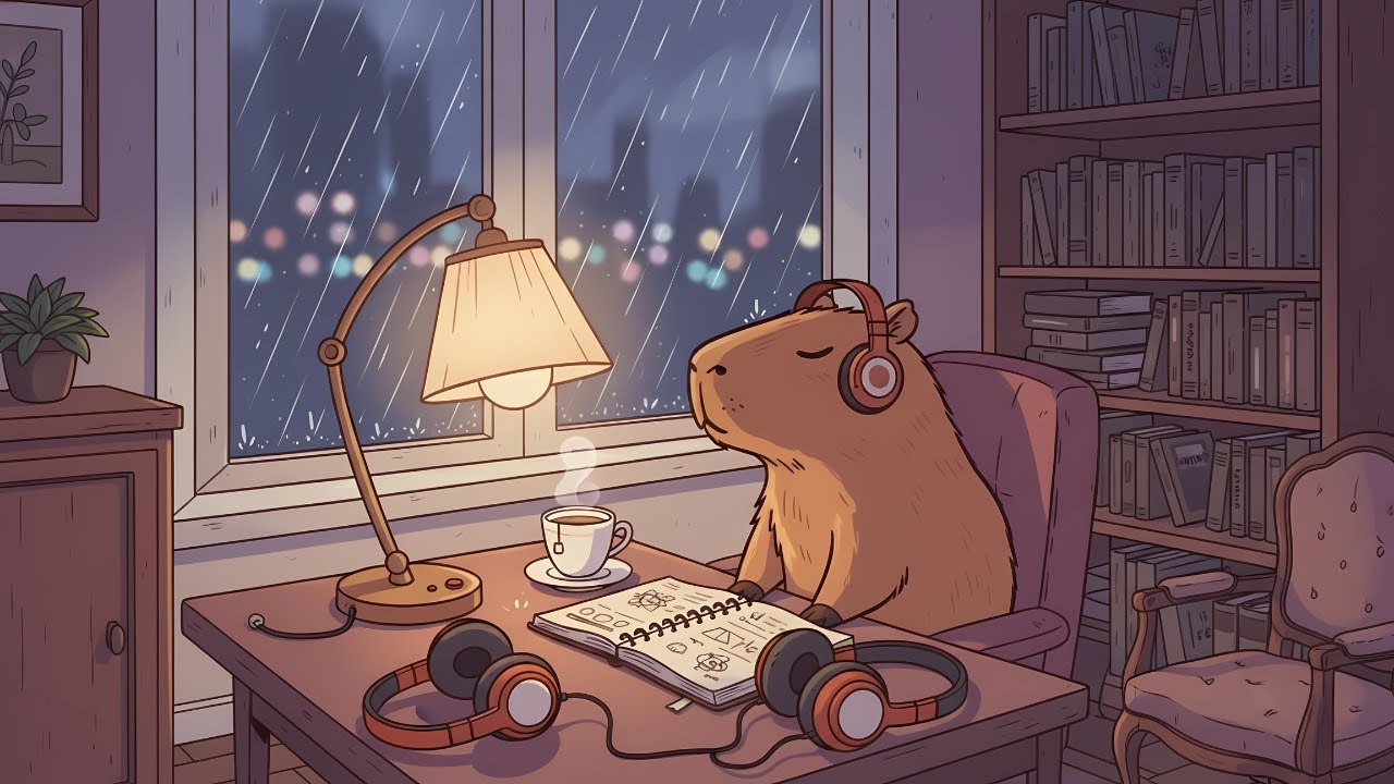 Rainy Night Lofi Hip Hop ☕ 1H Relaxing Music to Study/Work with a Chill Capybara 🎧