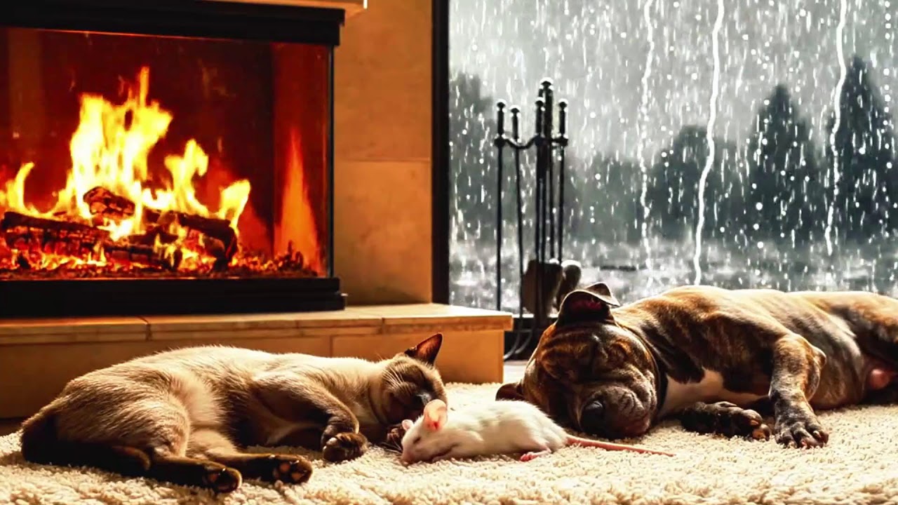 Cozy Fireplace Night 🔥 Sleeping Cat, Dog & Mouse | Heavy Rain, Thunder & Gentle Snoring 😴🌧️
