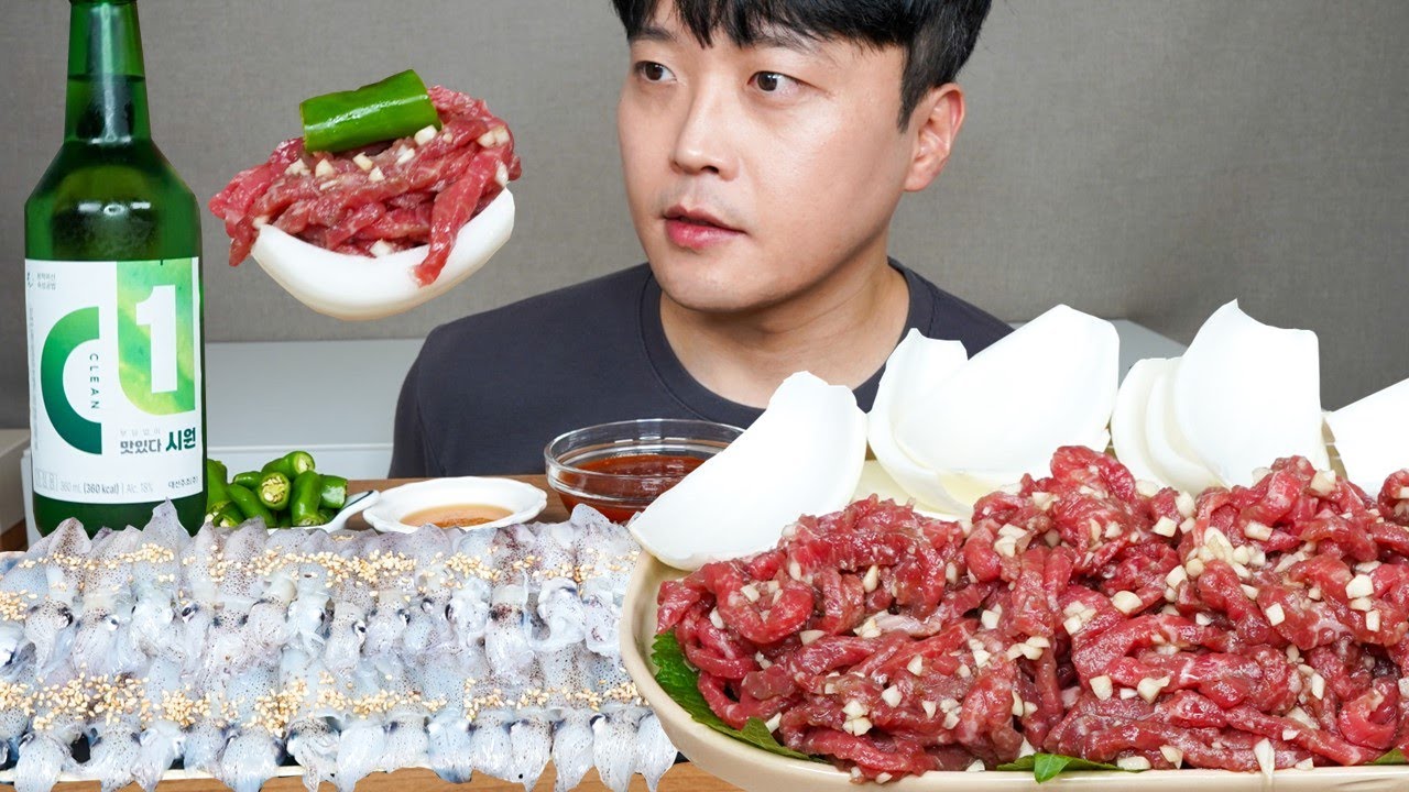 [와차술] 호래기회 육회 혼술 먹방 Raw Baby Squid & Raw Beef ASMR MUKBANG REAL SOUND EATING 