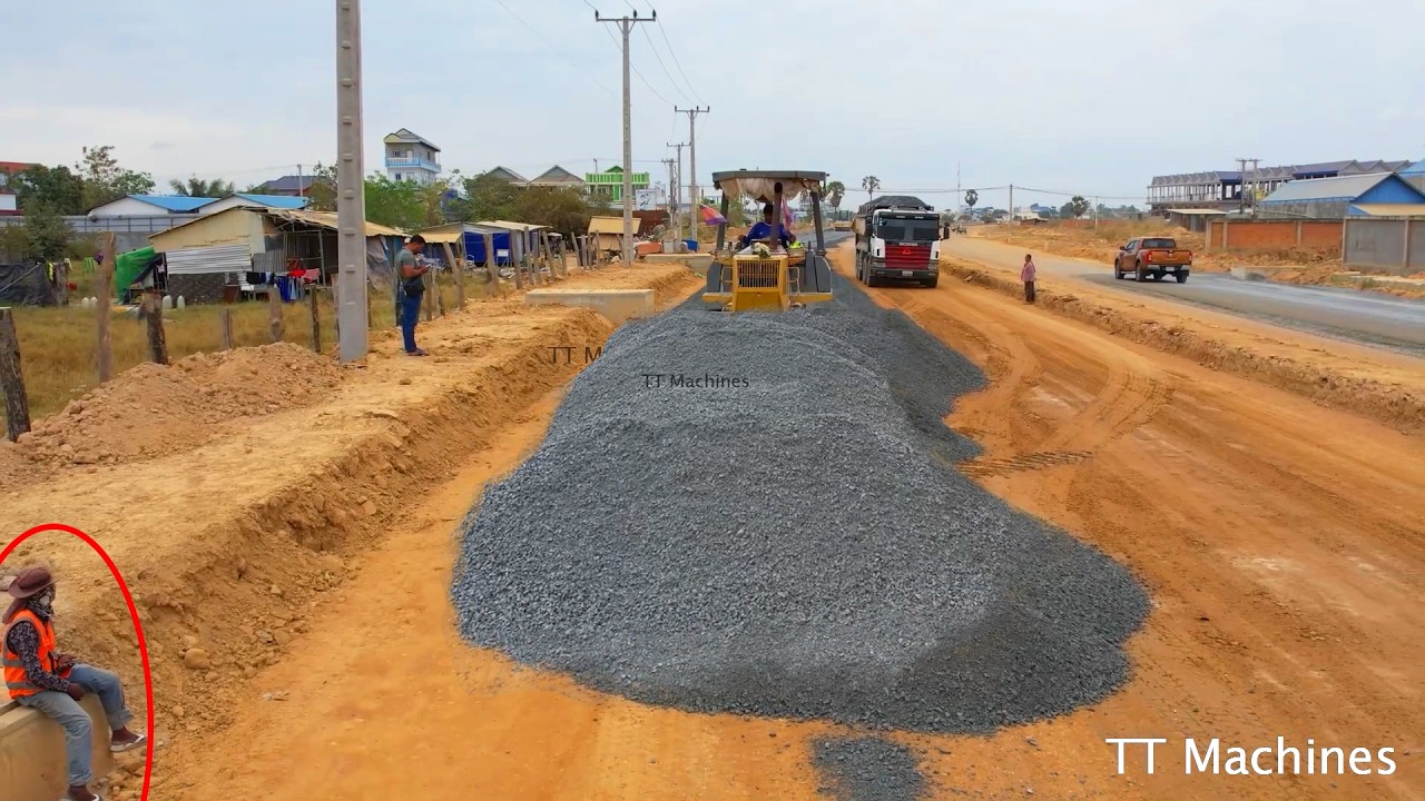 Awesome First Step Of Gravel Road Construction Use Motor Grader Grading Gravel Making New Foundation