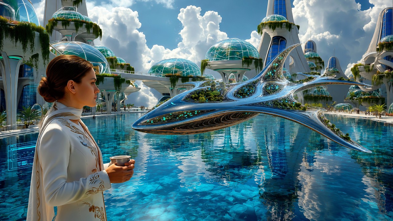 Futuristic Aqua Sky City 2300 | 1 Hour Sci-Fi Ambient Music for Sleep, Relaxation & Focus | 4K