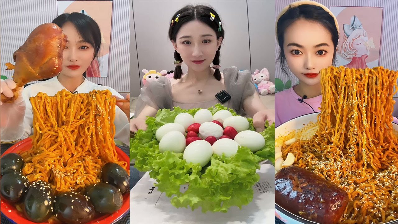 Smokey Noodle Eating Show Boiled Noodles With Spicy Sauce, Fried Eggs And Noodles