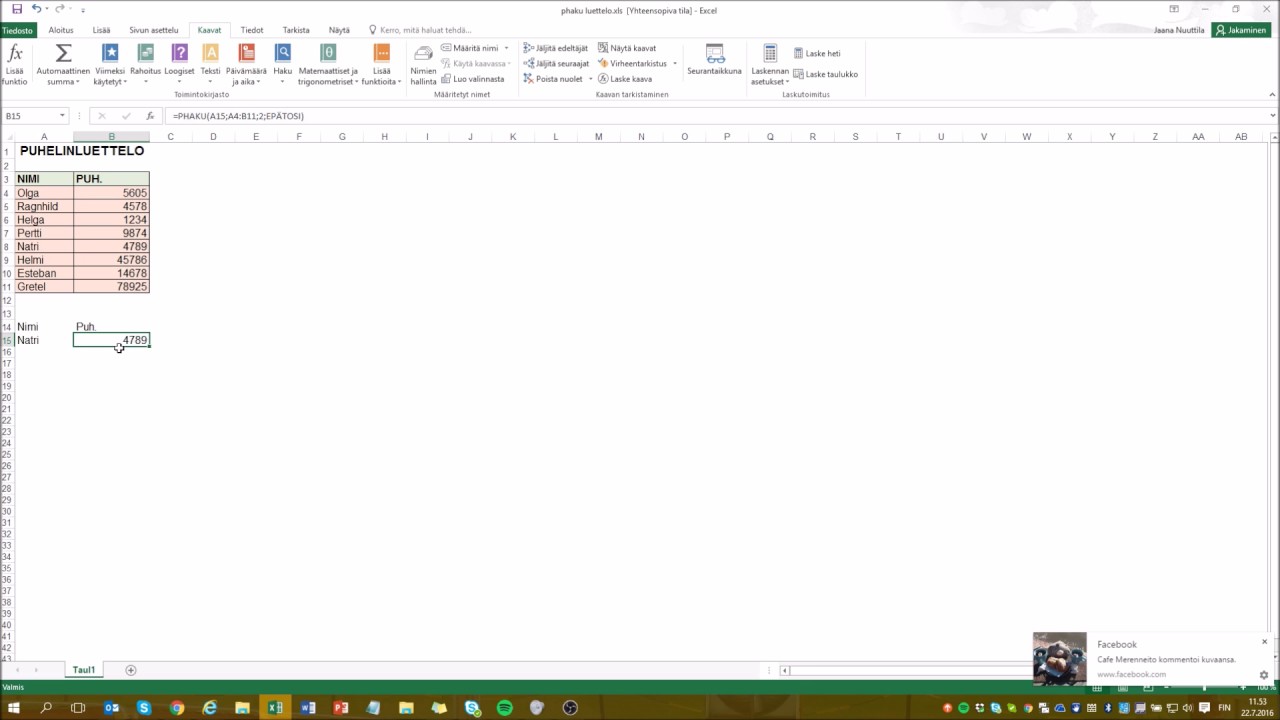 MS Office Excel 2016: Phaku-funktio