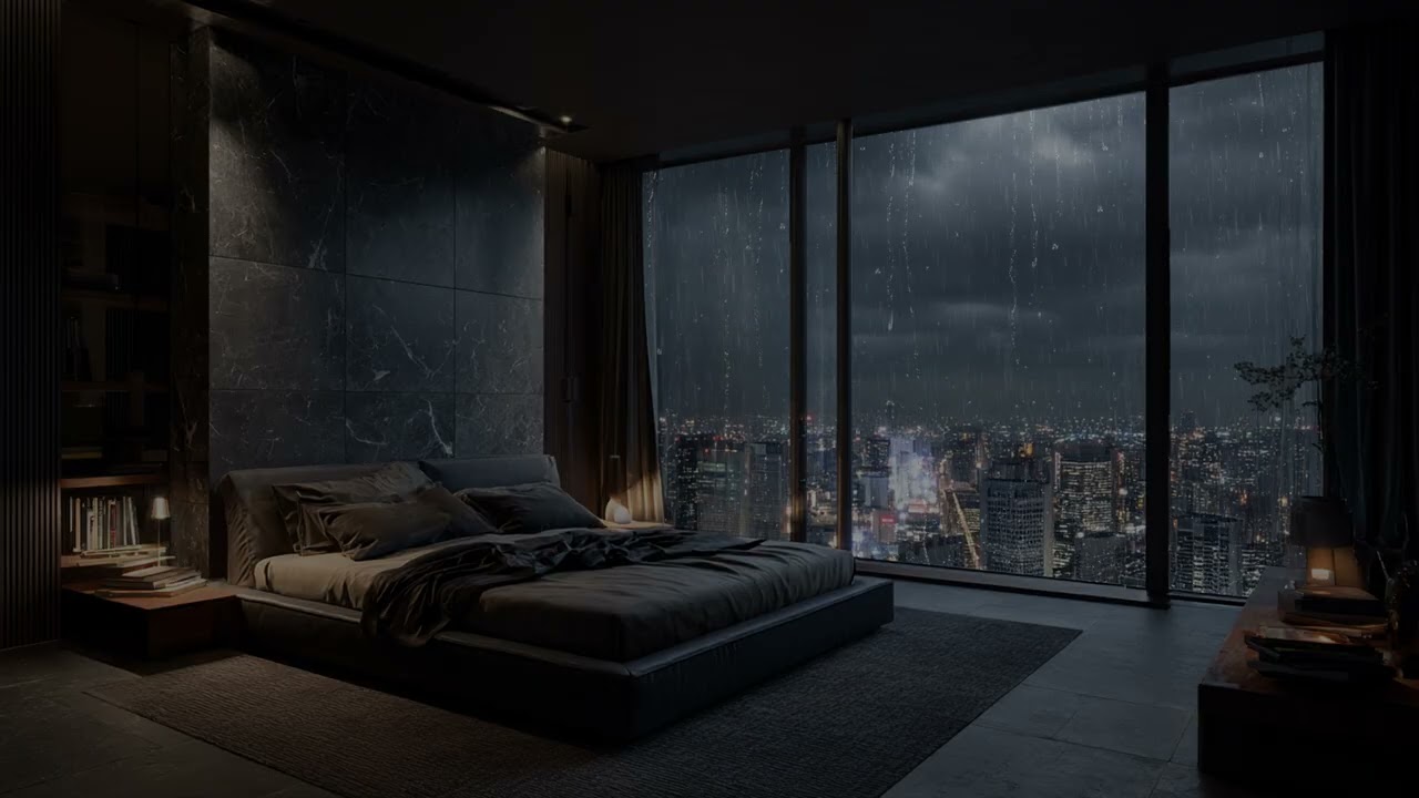 Soft Urban Rain Over Glittering Skyscrapers Seen From A Quiet High Rise Bedroom