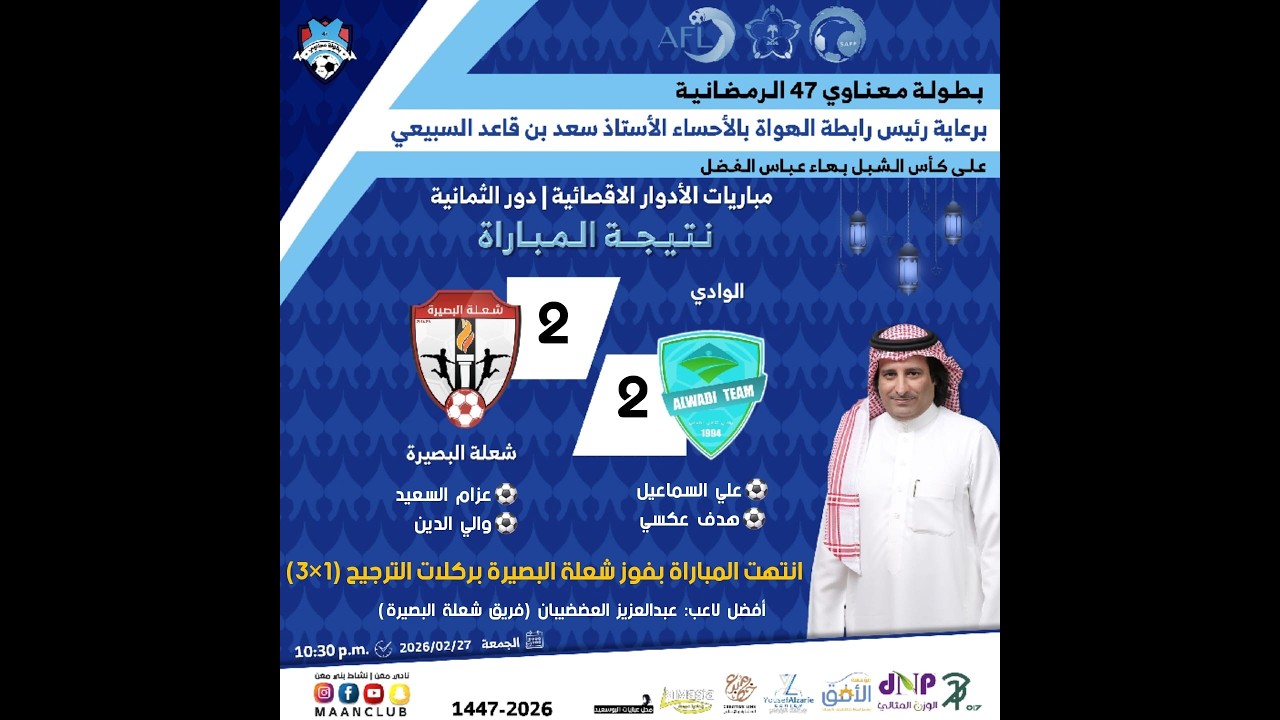ملخص مباراة شعلة البصيرة (2) × الوادي (2) ركلات ترجيح (3×1) بطولة معناوي 47 الرمضانية