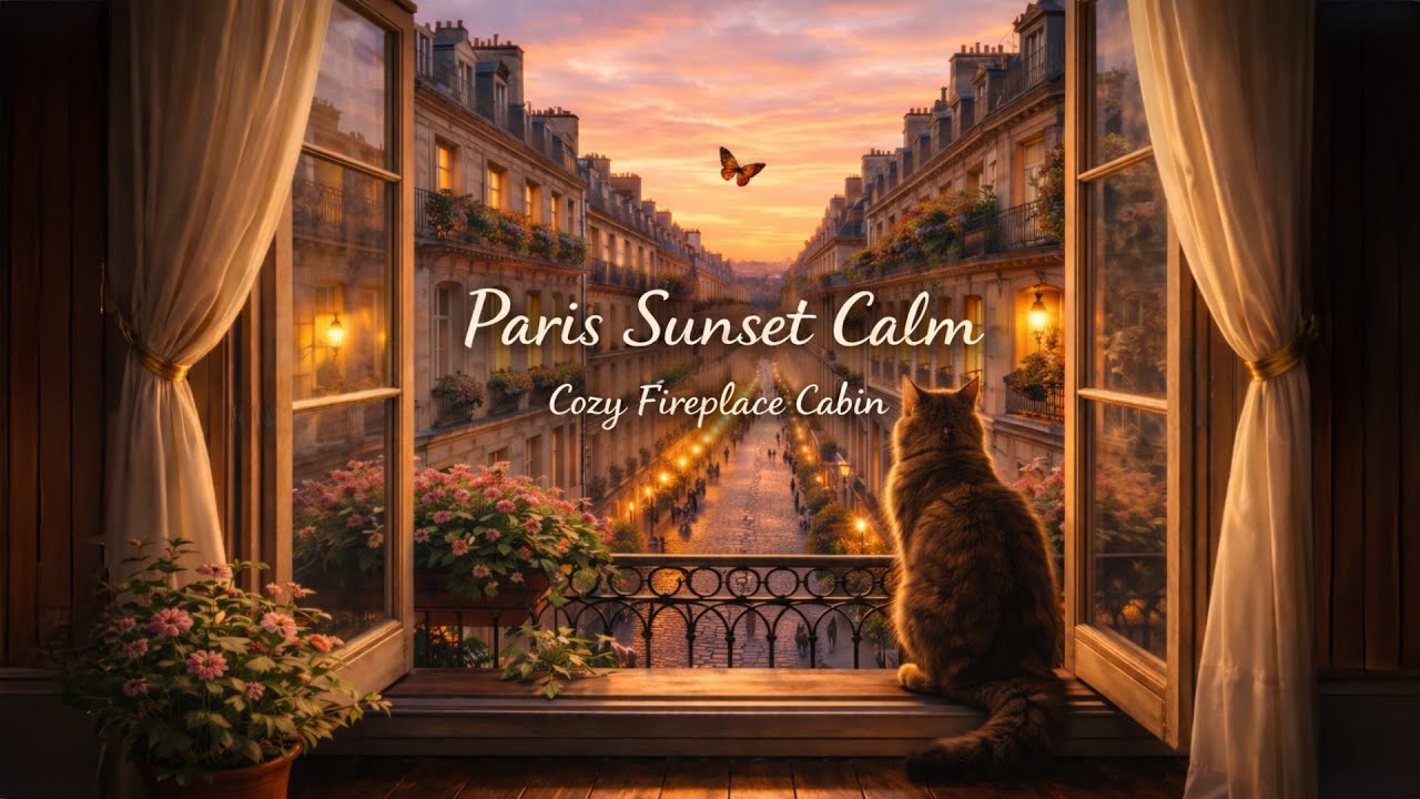 Paris Sunset Window 🐈🦋 | Calm Piano & Cozy Evening Ambience