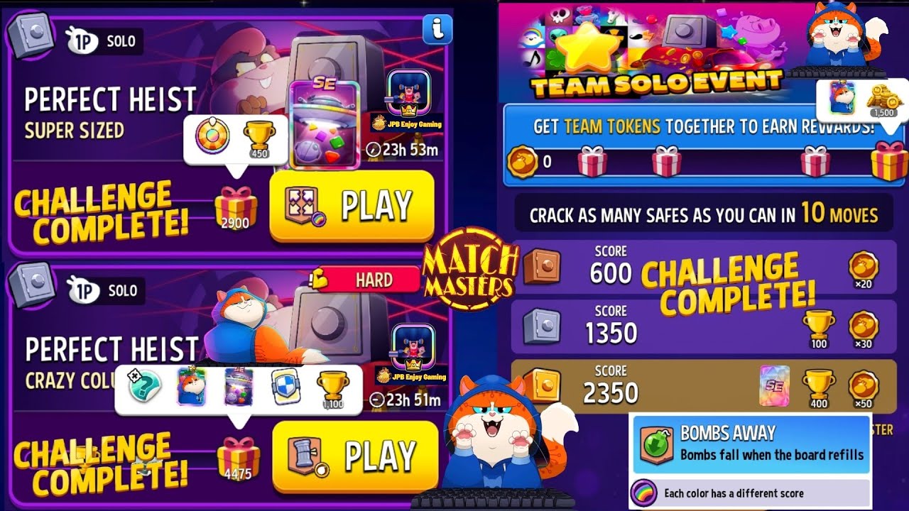 3 Solo/Crazy Columns+Bombs Away 4475 Score/Super Sized+Rainbow 2900Score/Team Solo Bomb Away+Rainbow