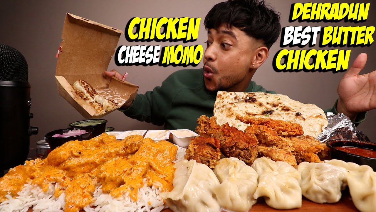 BUTTER CHICKEN WITH BUTTER NAAN & RICE, JUICY CHICKEN CHEESE MOMO( DUMPLINGS )WITH SPICY RED CHUTNEY