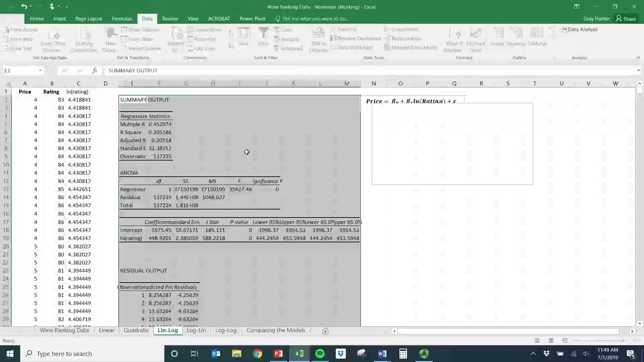 Estimating Non-linear Regressions Models in Excel Using the Data Analysis ToolPak