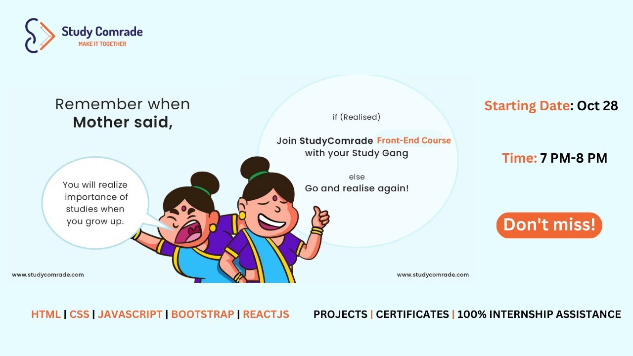FRONT-END WEB DEVELOPMENT COURSE BY STUDY COMRADE | PROJECTS | CERTIFICATES | 100% INTERNSHIP