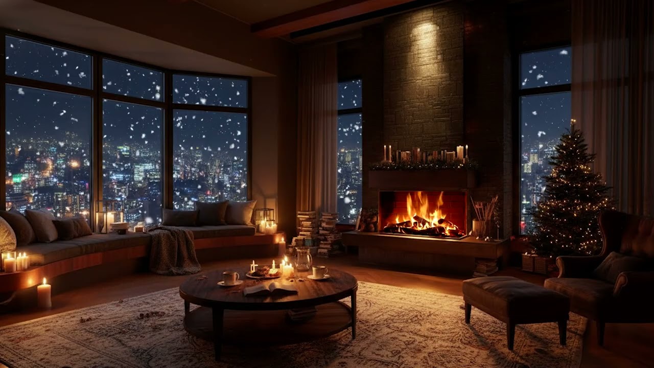 Cozy Winter Cabin Piano Ambience | Soft Snow Storm and Warm Firelight