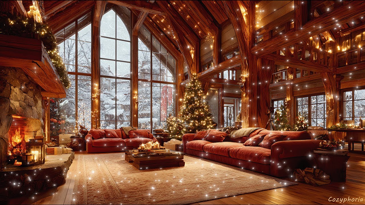 Cozy Winter Cabin | Fireplace, Relaxing Piano and Heavy Snowfall | 4K